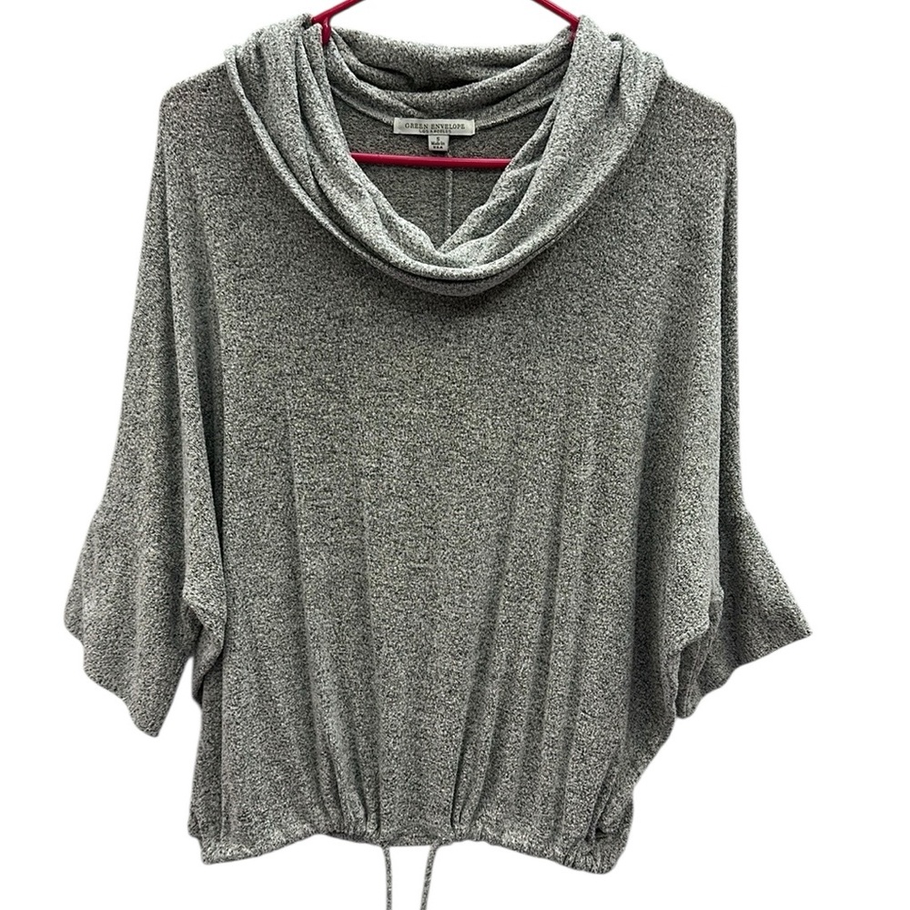 Heather Gray Cowl Neck Drawstring Waist 3 Quarter Batwing Sleeve Knit Top Size S - Picture 7 of 9